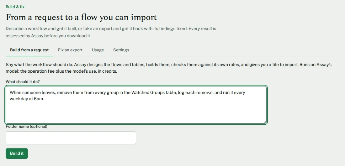 Build from a request: a plain-English description of a leaver workflow, ready to build