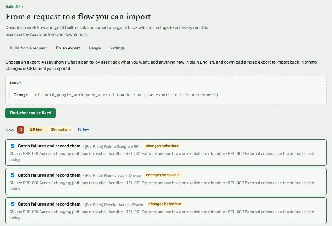Fix an export: the grade now, and each fix Assay can make, with the findings it clears and whether it changes behaviour