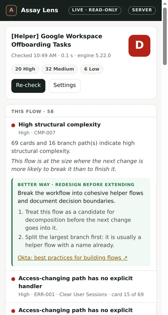 The Lens side panel: the flow's grade, counts by severity, and a finding opened with its fix steps and Okta's own guidance