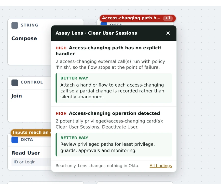Clicking a badge on the Clear User Sessions card: two High findings, each with a better way to build it